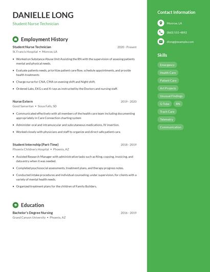 Student Nurse Technician Resume