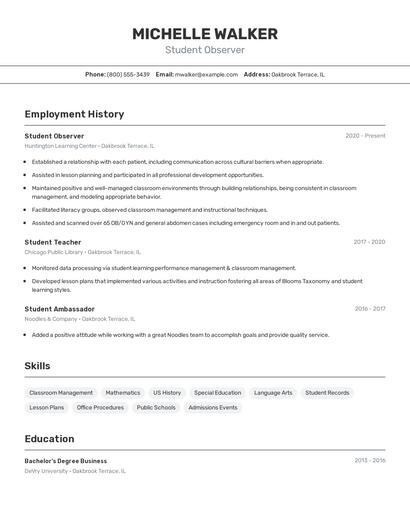 Student Observer Resume