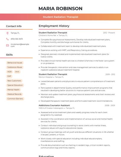 Student Radiation Therapist Resume