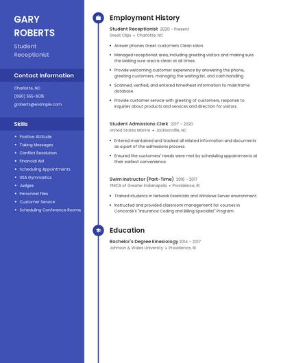 Student Receptionist Resume