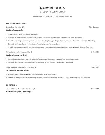 Student Receptionist Resume