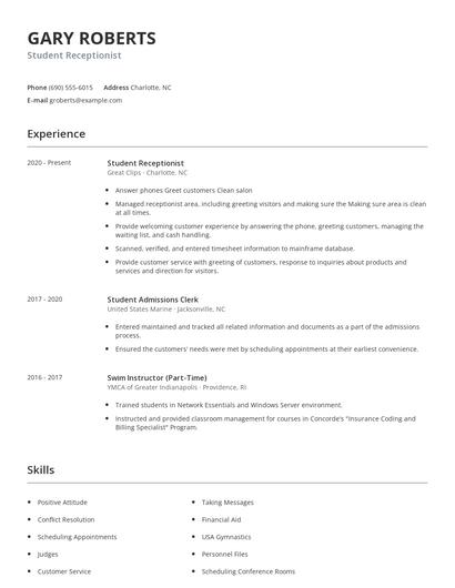 Student Receptionist Resume