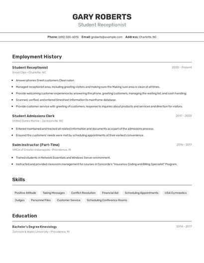 Student Receptionist Resume