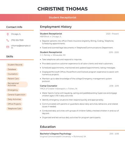 Student Receptionist Resume