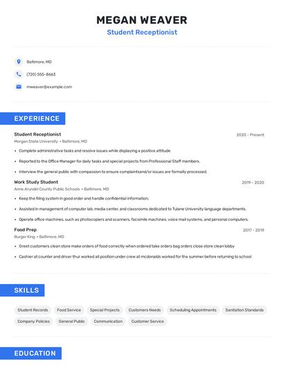 Student Receptionist Resume