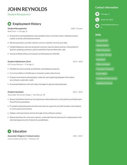Student Receptionist Resume