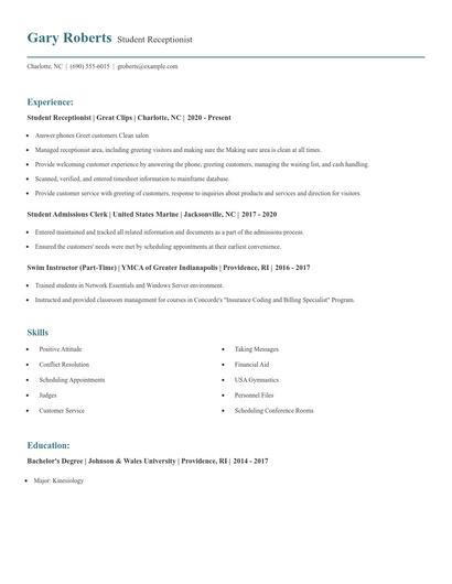 Student Receptionist Resume
