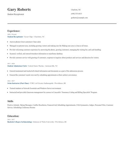 Student Receptionist Resume
