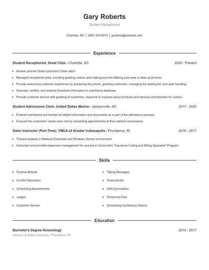 Student Receptionist Resume