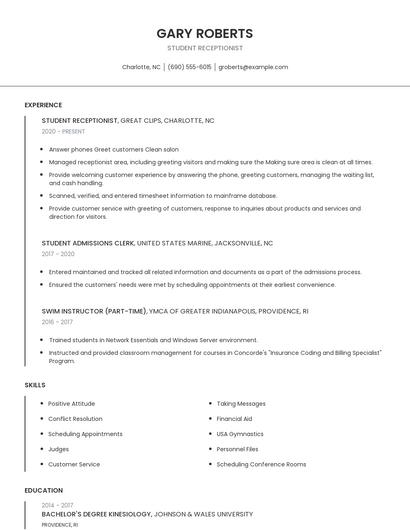 Student Receptionist Resume