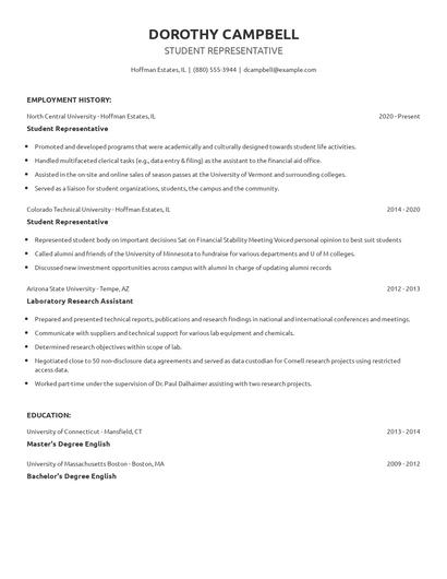 Student Representative Resume