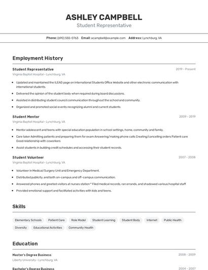 Student Representative Resume