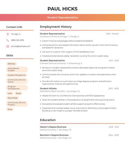 Student Representative Resume