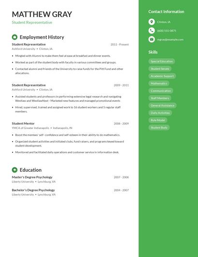Student Representative Resume