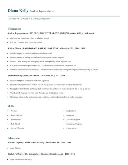 Student Representative Resume