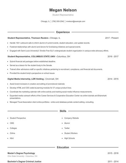 Student Representative Resume