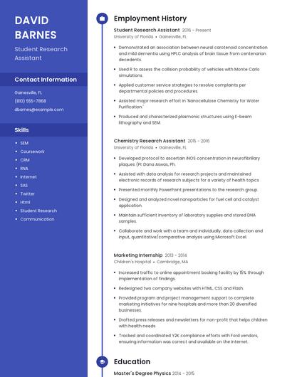 Student Research Assistant Resume