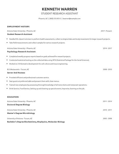 Student Research Assistant Resume