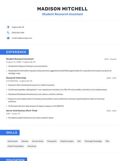 Student Research Assistant Resume