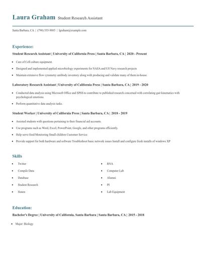 Student Research Assistant Resume
