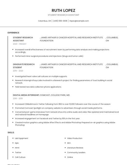 Student Research Assistant Resume