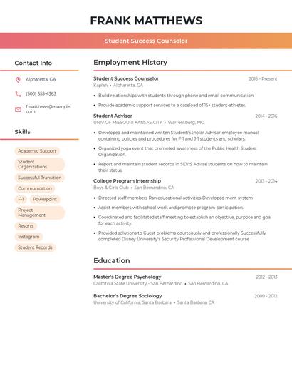 Student Success Counselor Resume
