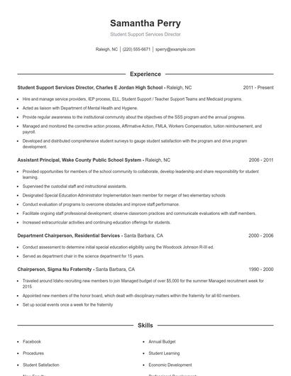 Student Support Services Director Resume