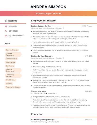 Student Support Services Resume