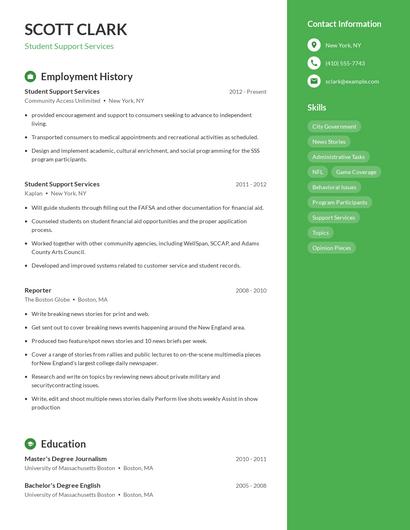 Student Support Services Resume