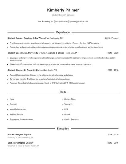 Student Support Services Resume