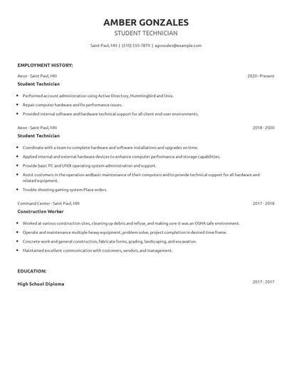 Student Technician Resume
