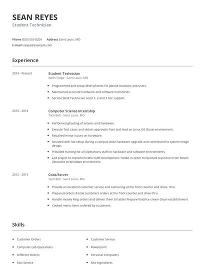 Student Technician Resume