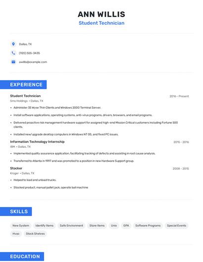 Student Technician Resume