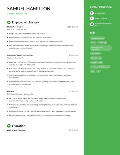Student Technician Resume