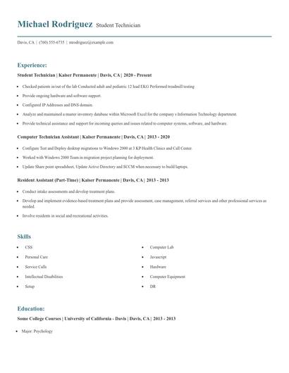 Student Technician Resume