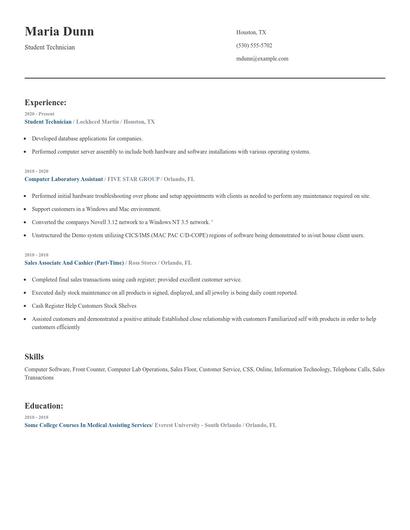 Student Technician Resume