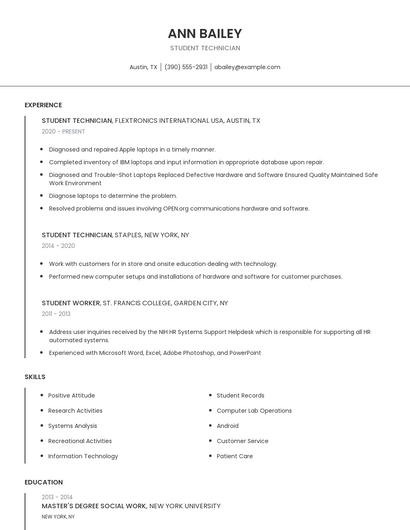 Student Technician Resume