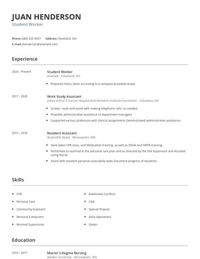 Student Worker Resume