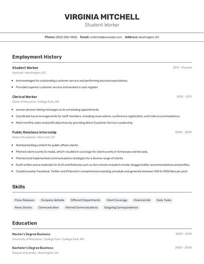 Student Worker Resume