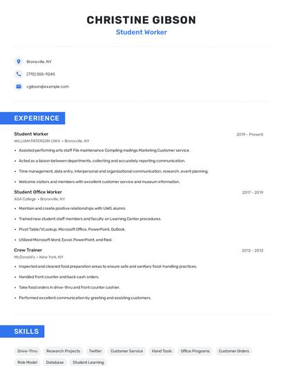 Student Worker Resume