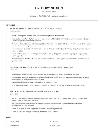 Student Worker Resume