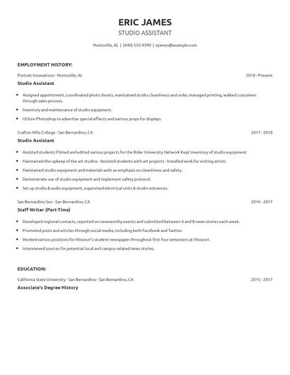 Studio Assistant Resume