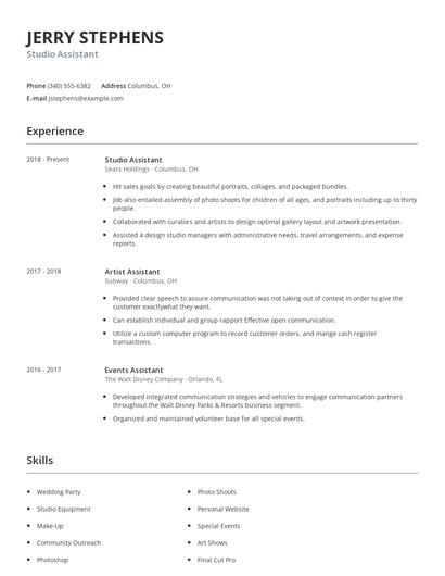 Studio Assistant Resume
