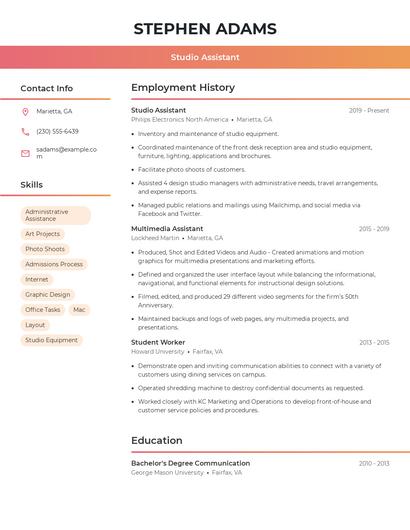 Studio Assistant Resume