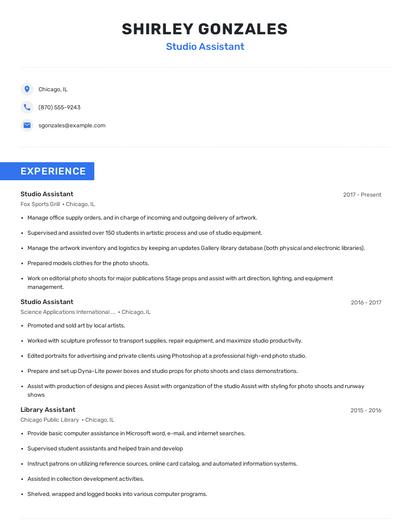 Studio Assistant Resume