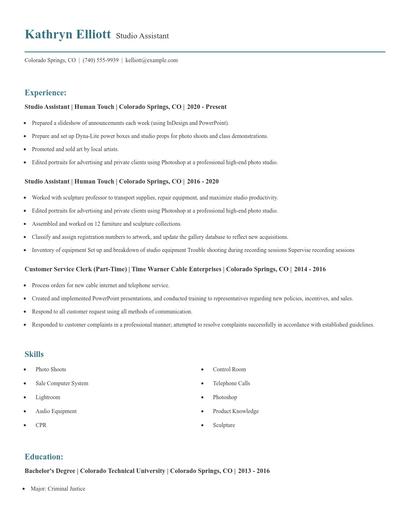 Studio Assistant Resume