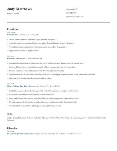 Studio Assistant Resume