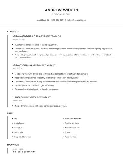 Studio Assistant Resume