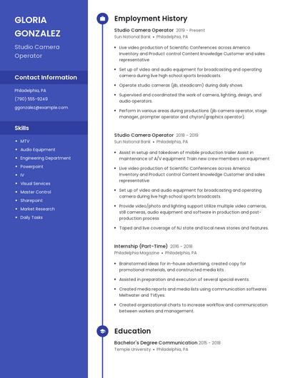 Studio Camera Operator Resume