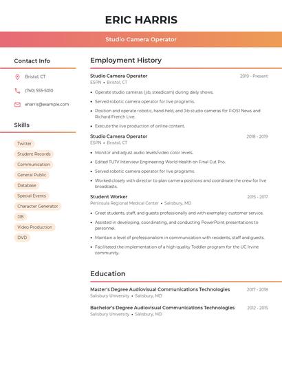 Studio Camera Operator Resume